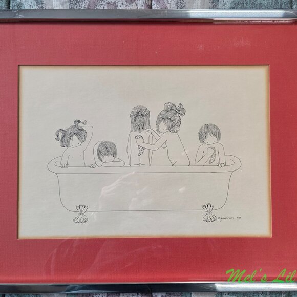 Julie Corsover Children's Print "Bathtub" - Vintage 1973 framed - Picture 3 of 5